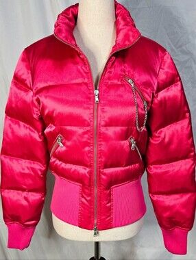 Express Y2K Hot Pink Satin Puffer Coat Jacket Bomber Colorful Dopamine Dressing